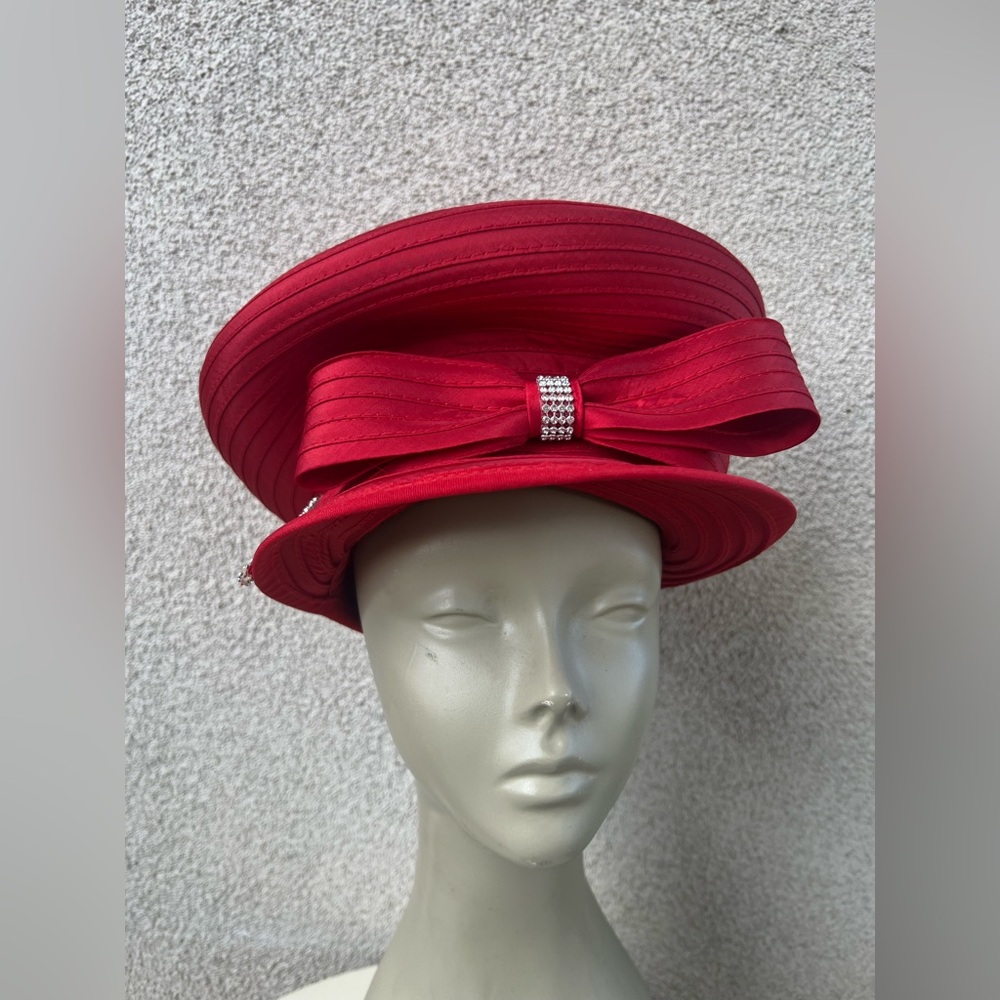 Vintage Pierra Millinery red bucket brim hat ribbed bow rhinestones trim 22” 7